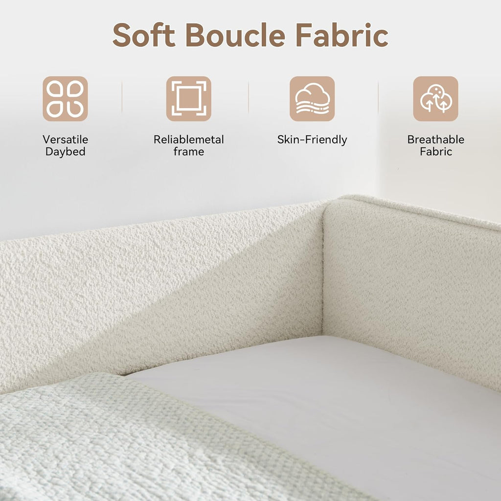 Full Size Daybed with Pop Up Trundle, Boucle Upholstered, Beige | Soft boucle daybed with twin pop-up trundle, padded