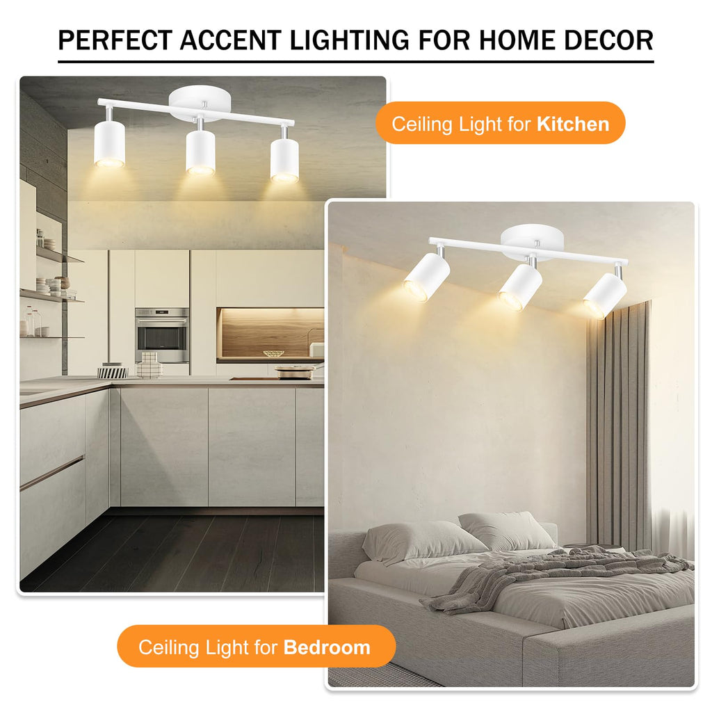 White Track Lighting, 3 Light Track Lighting Kit, White 3 Way Modern Ceiling Spotlight, Flexibly Rotatable Light