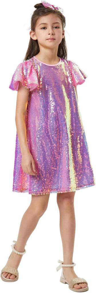 Sequin Dress Shiny Short Flutter Sleeve Midi Sparkly Party Dress with Hairbow