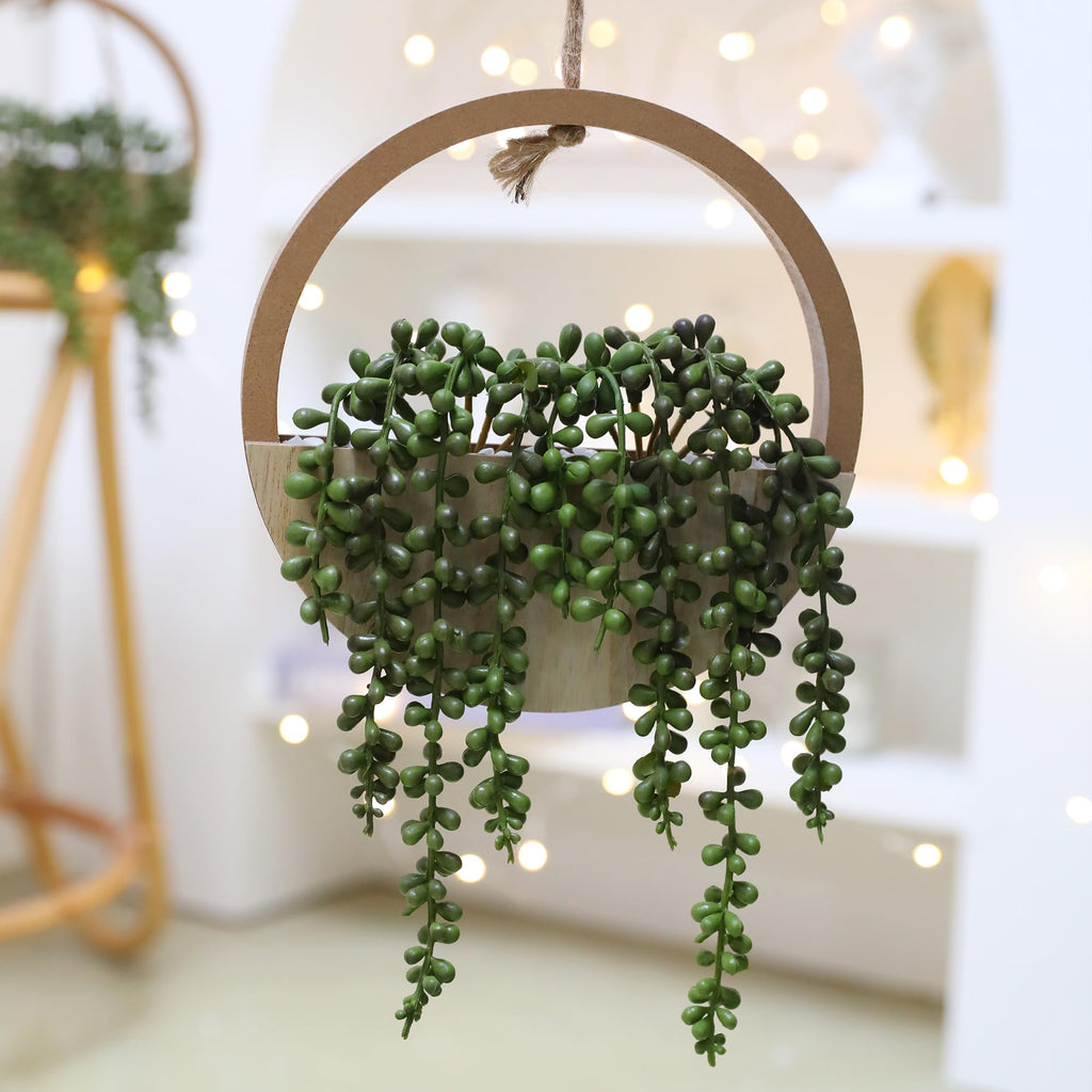 2pcs Artificial Succulents Hanging Plants 20.1'' Fake String of Pearls in Pot with 9.4'' Lanyard for Indoor Outdoor
