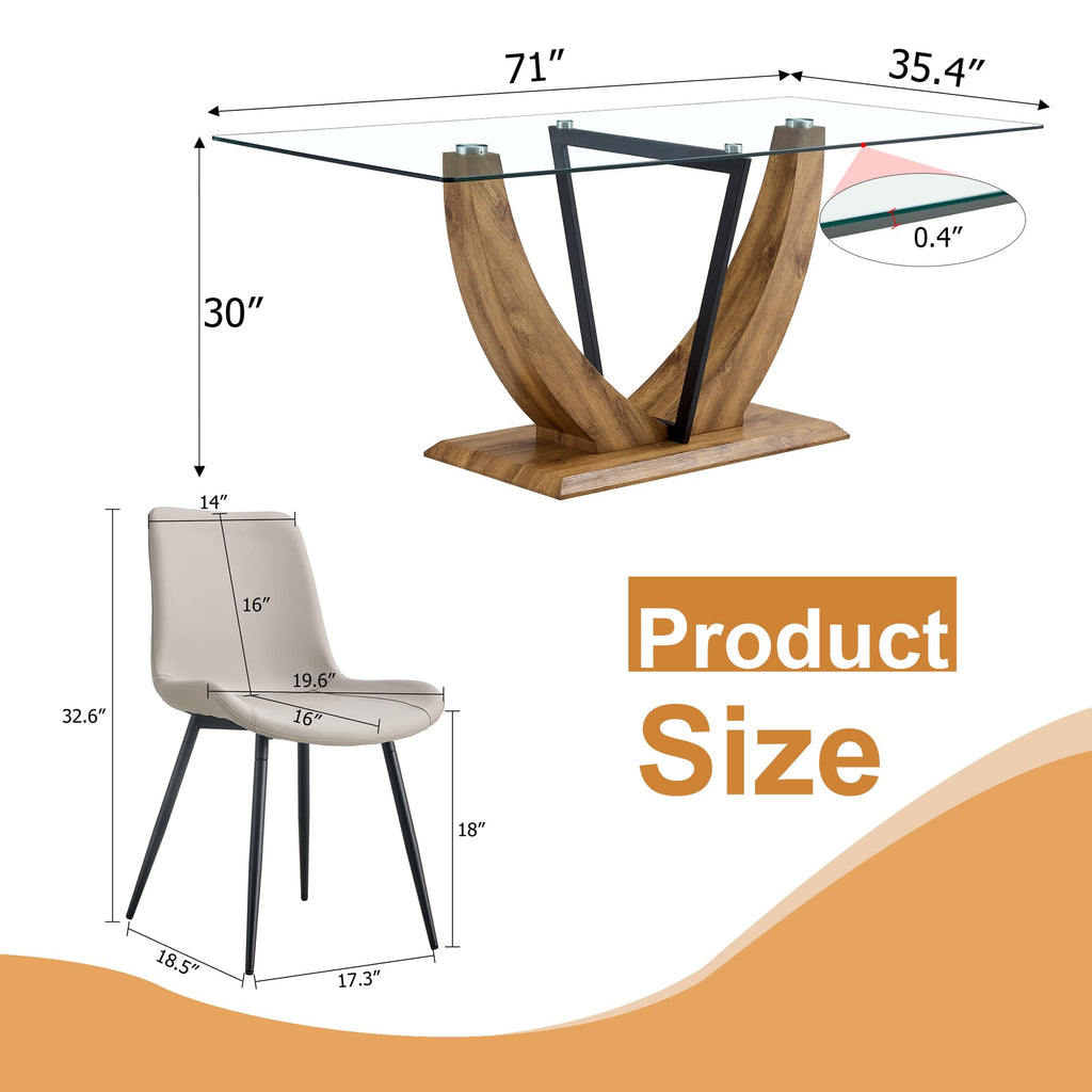 71" Glass Dining Table Set for 6, 7 Piece Dining Table Set, Tempered Glass Table Top with U-Shaped Legs and Fabric