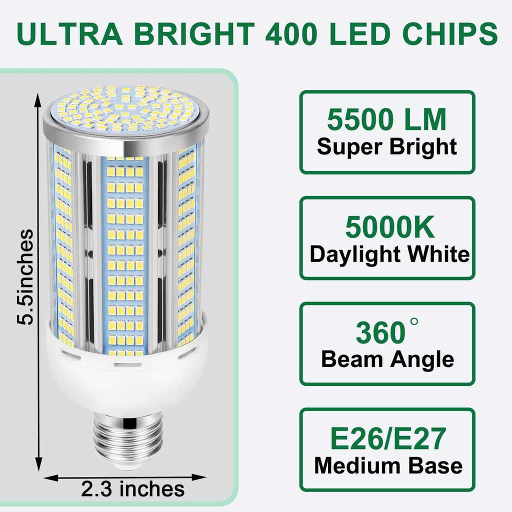2Pack 400W Equivalent LED Corn Light bulb, 50W LED Corn Bulb Cob Light, 5000K Daylight White, 5500 Lumens, E26/E27