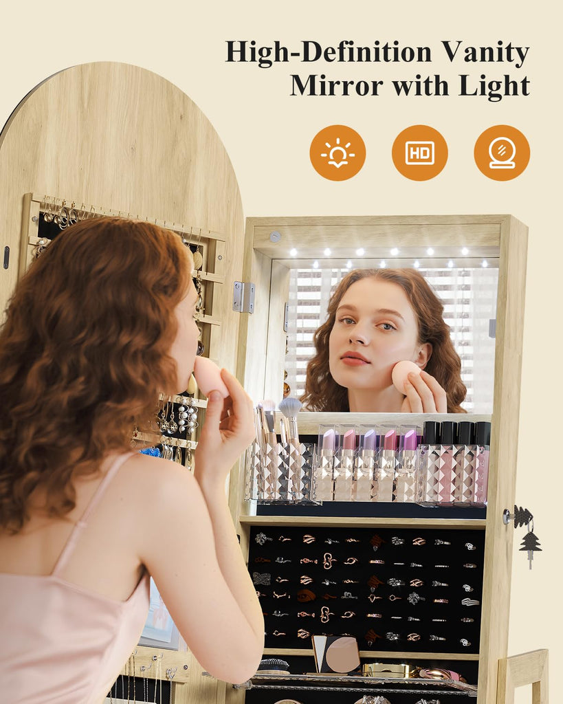 LED Arched Mirror Jewelry Cabinet Standing, Lockable Jewelry Armoire
