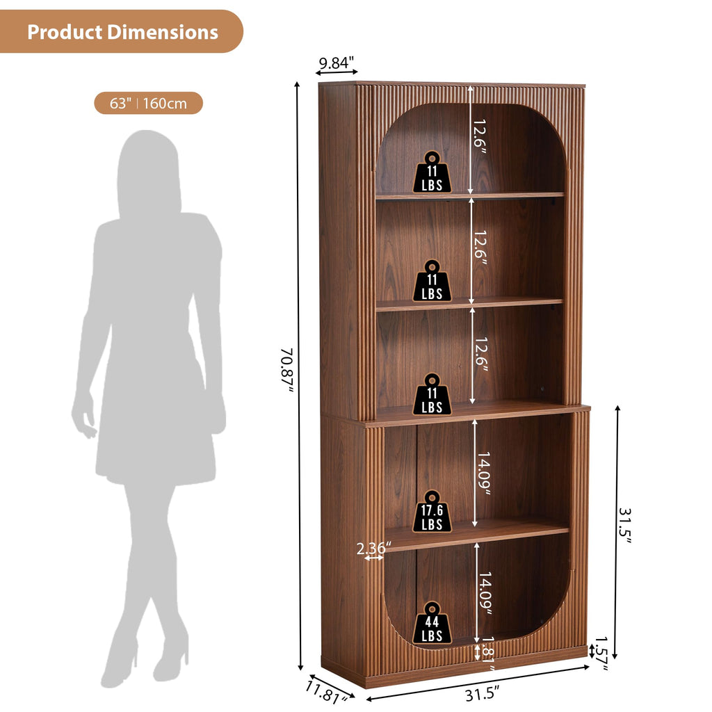 71" Tall Arched Bookcase, 5 Tier Fluted Wood Arched Bookshelf