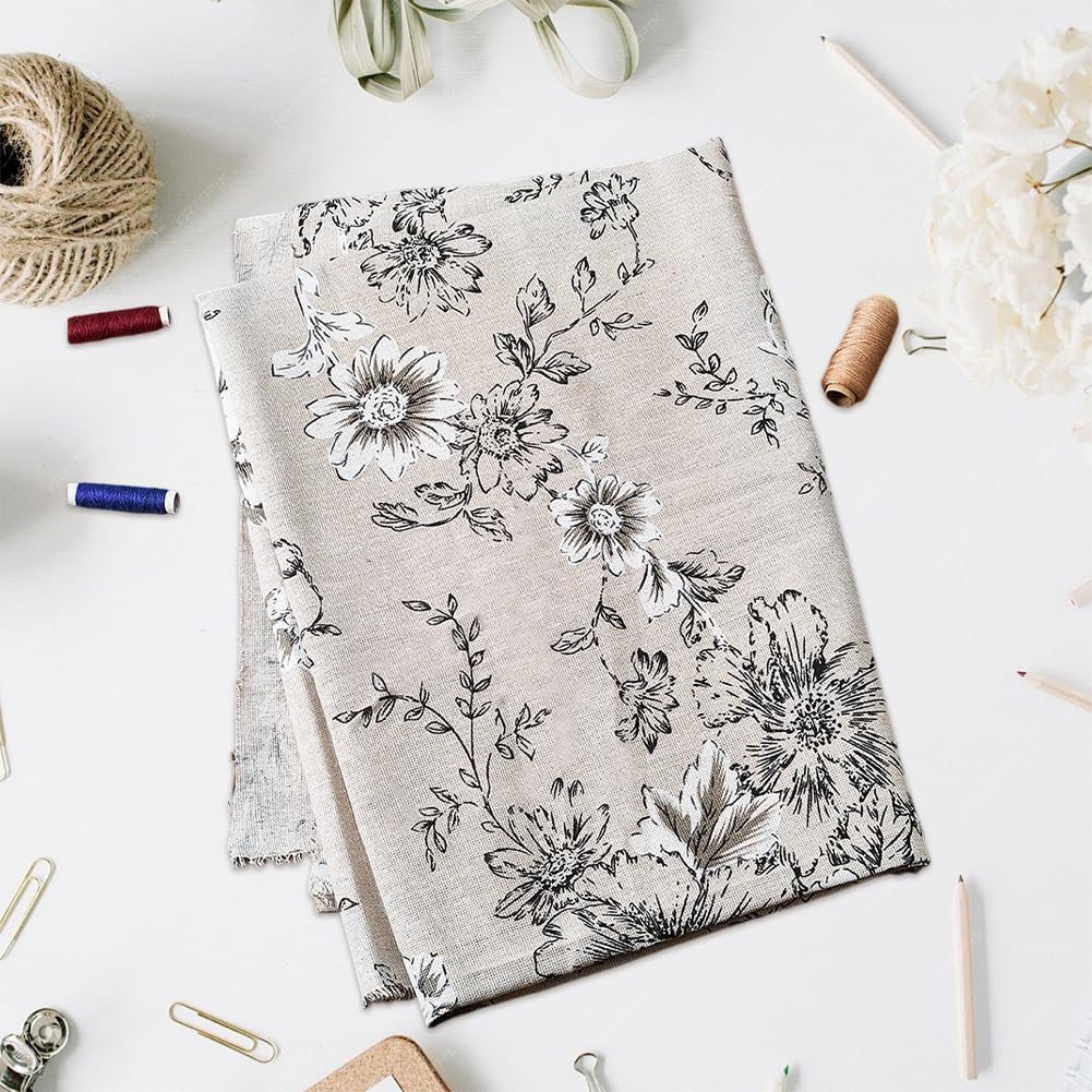 1 Yard 63 Inch Black White Floral Linen Fabric Flower Pattern Canvas Supple Breathable Needlework Embroidered Cloth