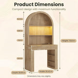 Arched Desk, Computer Desk with 2 Drawers & Hutch, Wood Writing Desk with Power Outlets, 3 Color LED Lights