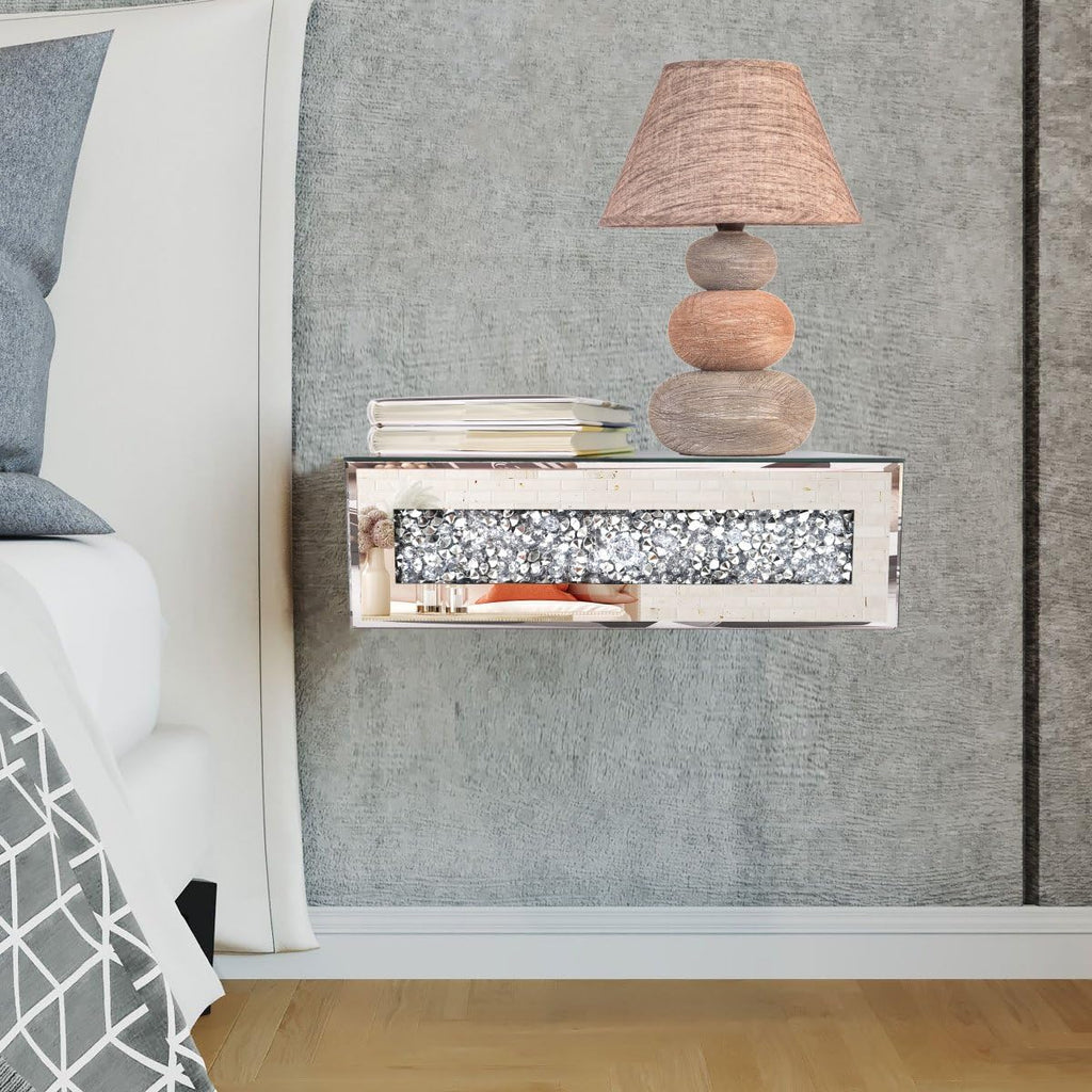 Mirrored Floating Bedside Nightstand with Drawer, Wall Mounted Silver Glass Crystal Diamond Bling Decoration