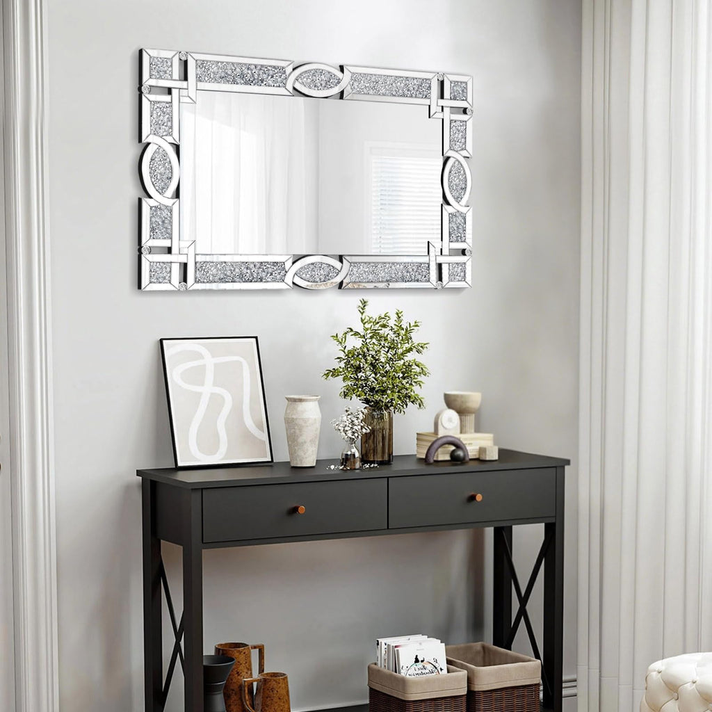 Crushed Diamond Mirrors for Wall Decor, 36''x24'' Rectangle Silver Decorative Bathroom Mirrors, Wall-Mounted Mirrors