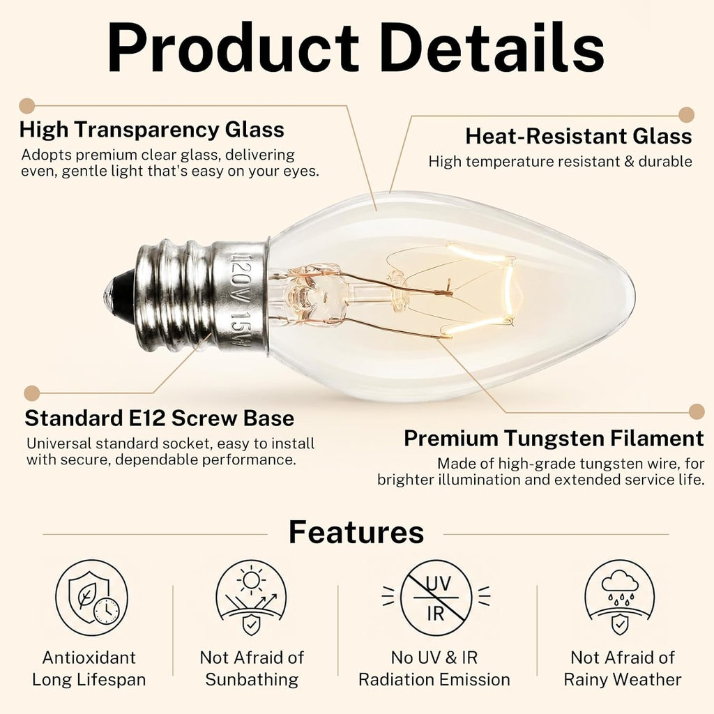 15 Pack 15W Dimmable E12 C7 Bulbs for Salt Lamps & Wax Warmers