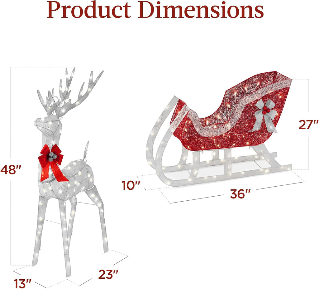 Lighted Christmas 4ft Reindeer & Sleigh Holiday Outdoor Yard Decoration Set w/ 205 LED Lights, Stakes, Zip Ties