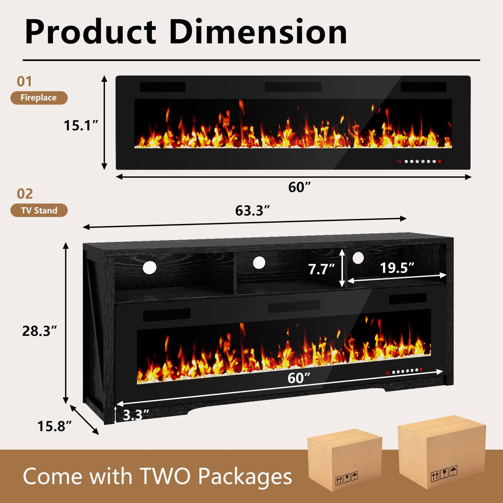 65" with 60" Electric Fireplace, Modern LED Entertainment Center for TVs Up to 75", Open Storage Media Console