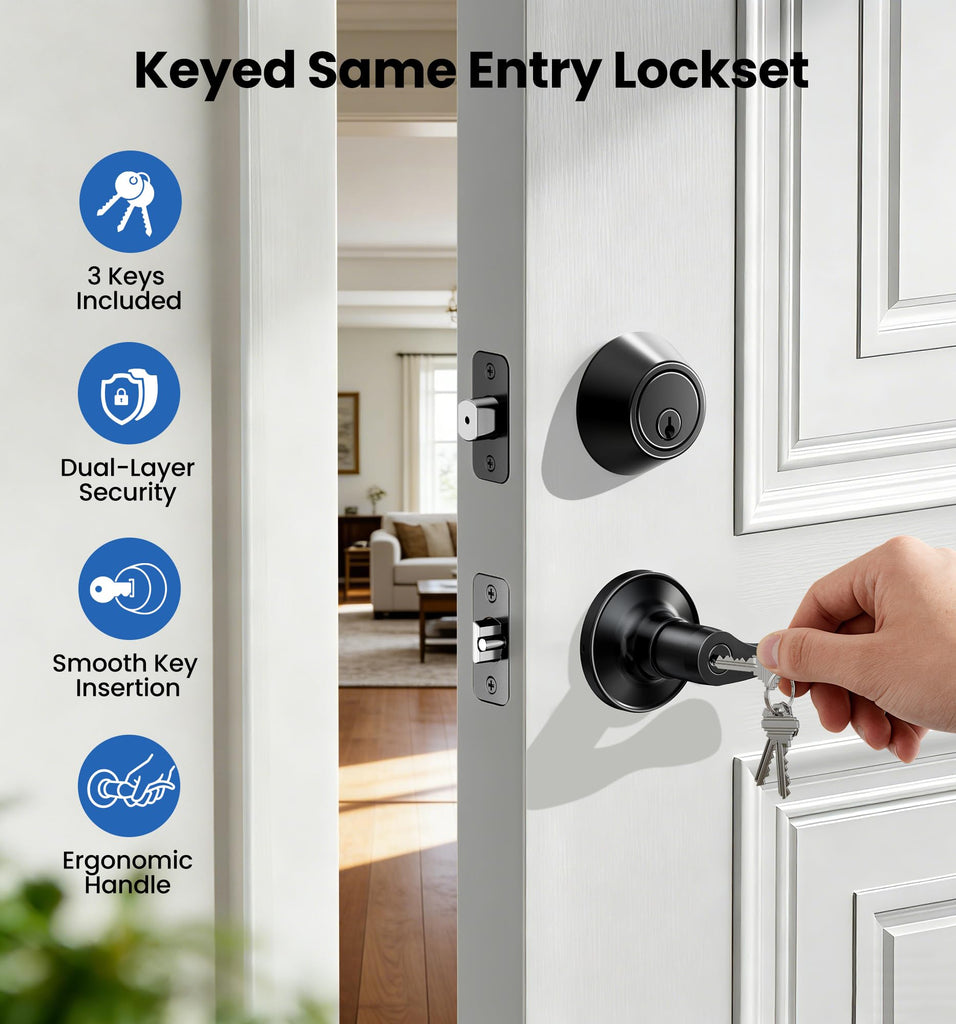 Keyed Alike Front Door Handle Lock Set with Deadbolt, Matte Black