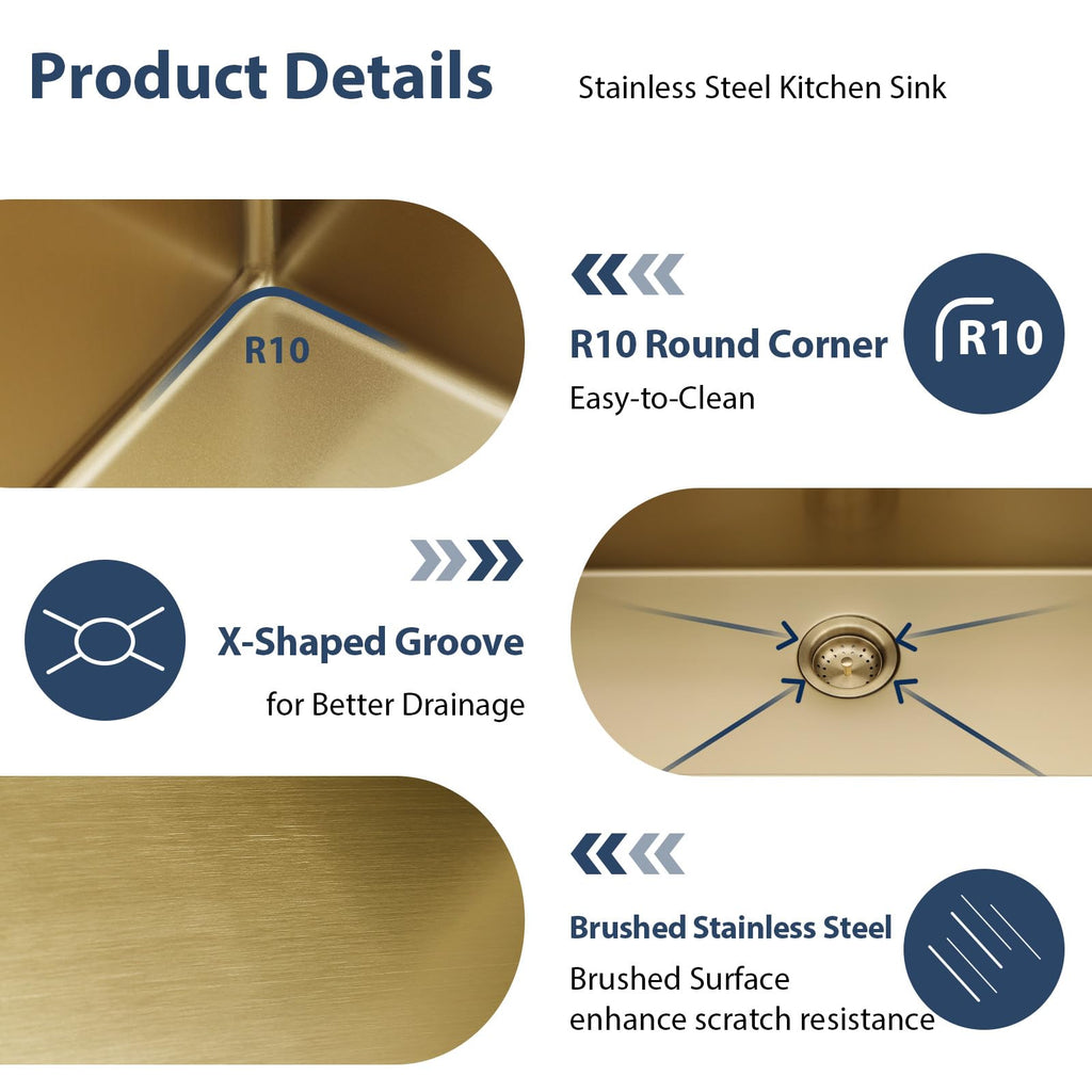 Gold Undermount Kitchen Sink Workstation 30 Inch Kitchen Sink 16 Gauge Stainless Steel Under Counter Sink Single Bowl