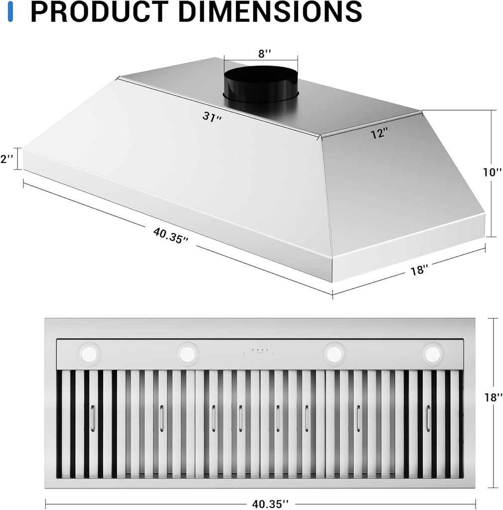 42 Inch Stainless Steel Range Hood Insert 1150 CFM 4 Speed LED Lights Dishwasher-Safe Baffle Filters