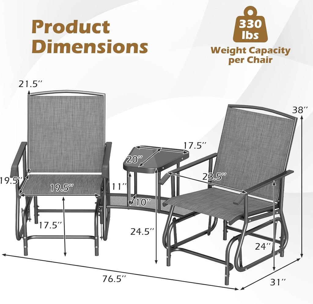 Patio 2 Person Swing Glider Chair, Outdoor Double Rocking Chair W/Center Table & Umbrella Hole, Reinforced Steel
