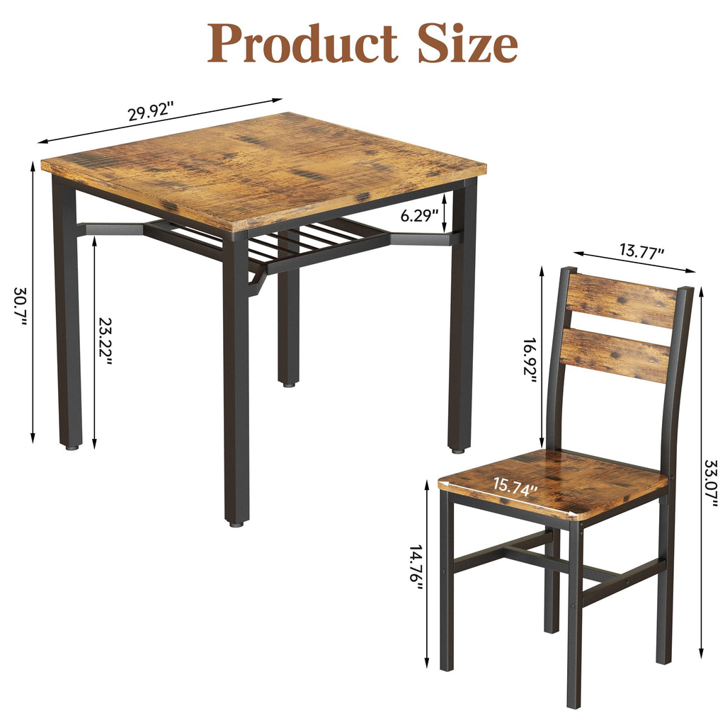 3 Piece Dining Table Set for 2, Small Wooden Kitchen Table with Storage, Farmhouse Square Dinette Set, Breakfast