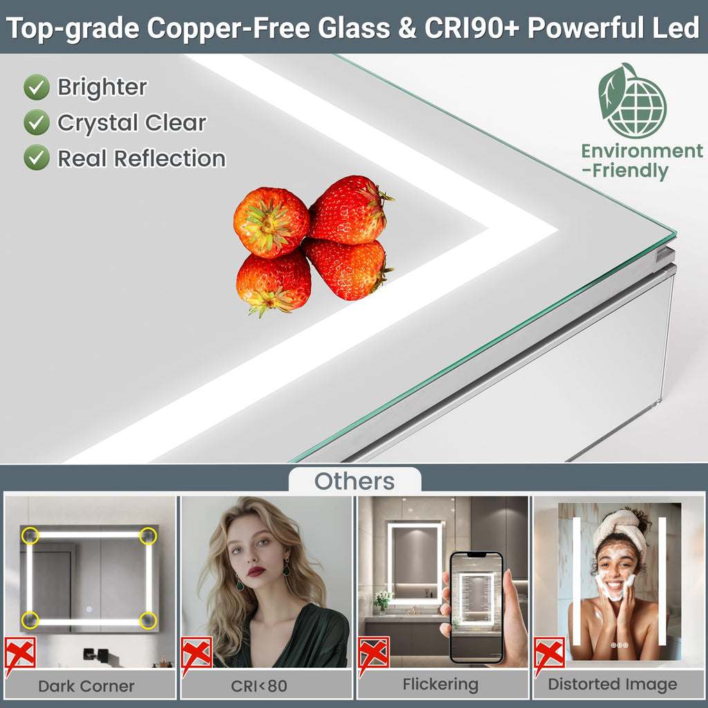 Medicine Cabinet with Lights 30x26 Inch, Aluminum Alloy Frame with Side Mirrors &Dual Mirrored Doors, Recessed or
