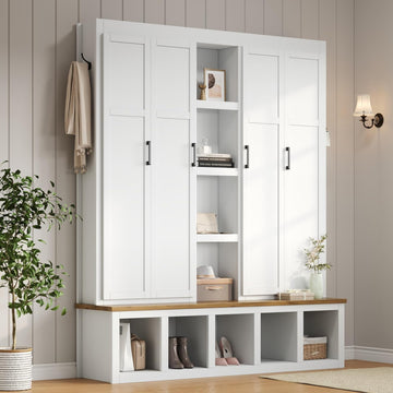 Modern Farmhouse Hall Tree with Bench, 4-in-1 Entryway Storage Cabinet & Shoe Organizer with Hooks, White