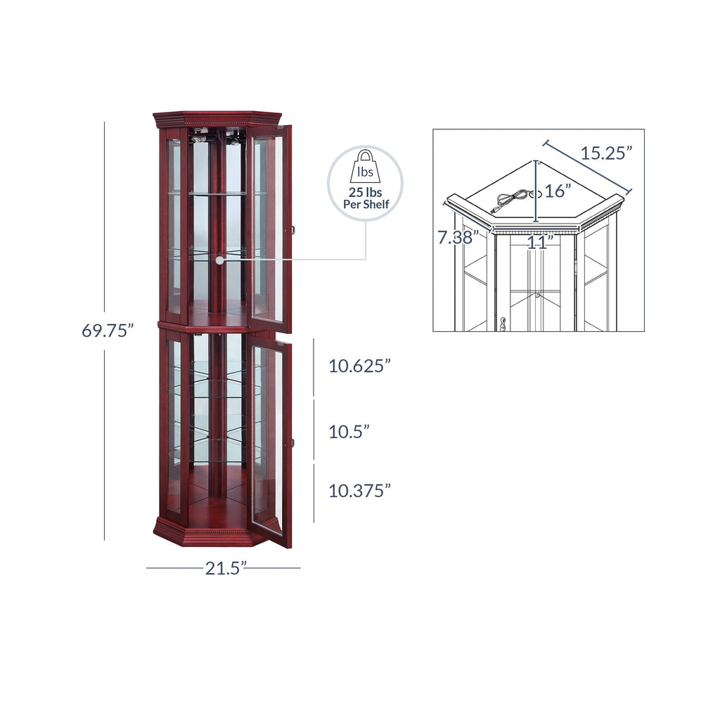 Lighted Wooden Corner Display Curio Cabinet, Two Section Shelving Unit with Tempered Glass Door, Bar and Liquor