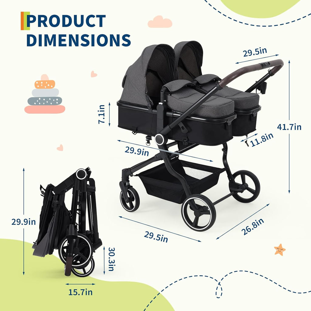Side by Side Double Stroller for Twins, Lightweight Compact Foldable Baby Travel Stroller with High Landscape Seat