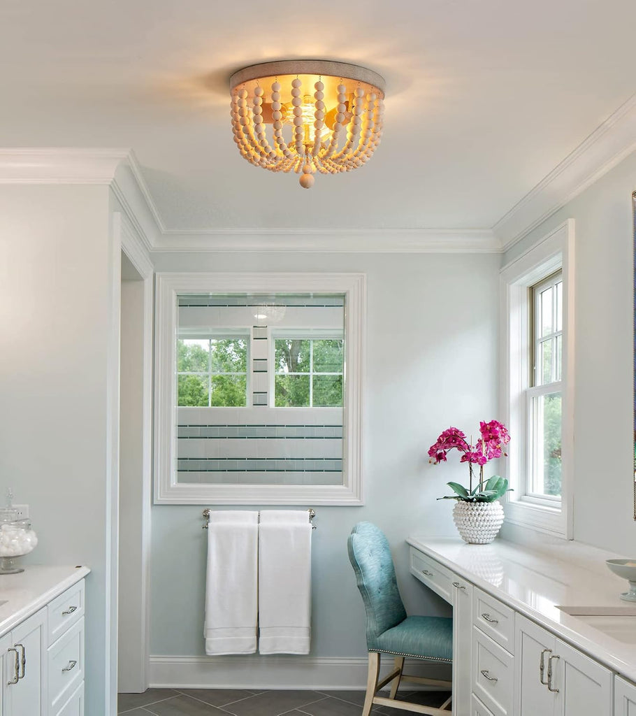 Boho Chandelier Wood Beaded Flush Mount Ceiling Light Fixtures Baby Bedroom Kitchen Hallway,Oak White Finish, Lights
