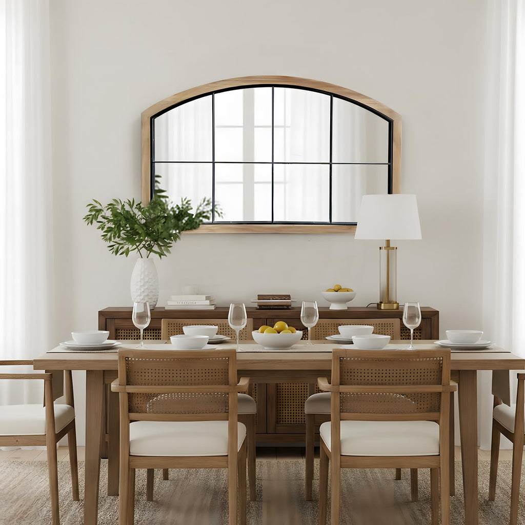 Arch Window Mirror, 48X30 Farmhouse Arch Wall Mirror, Wood Framed Rustic Mirror Metal Inner Frame Decorative, Natural