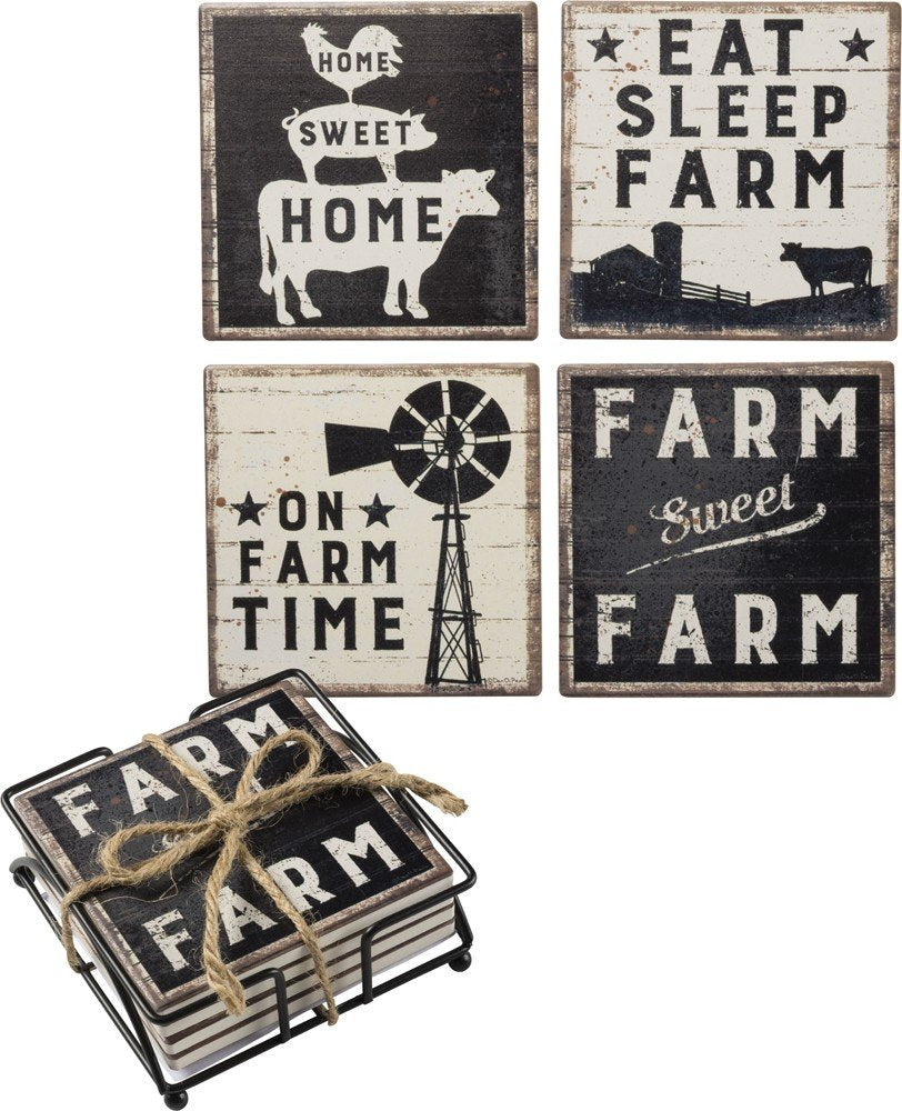 Set of 4 Absorbent Stone Coasters, Rustic Farmhouse Coaster Designs, Farm Sweet Farm, Includes Wire Holder, Slatted