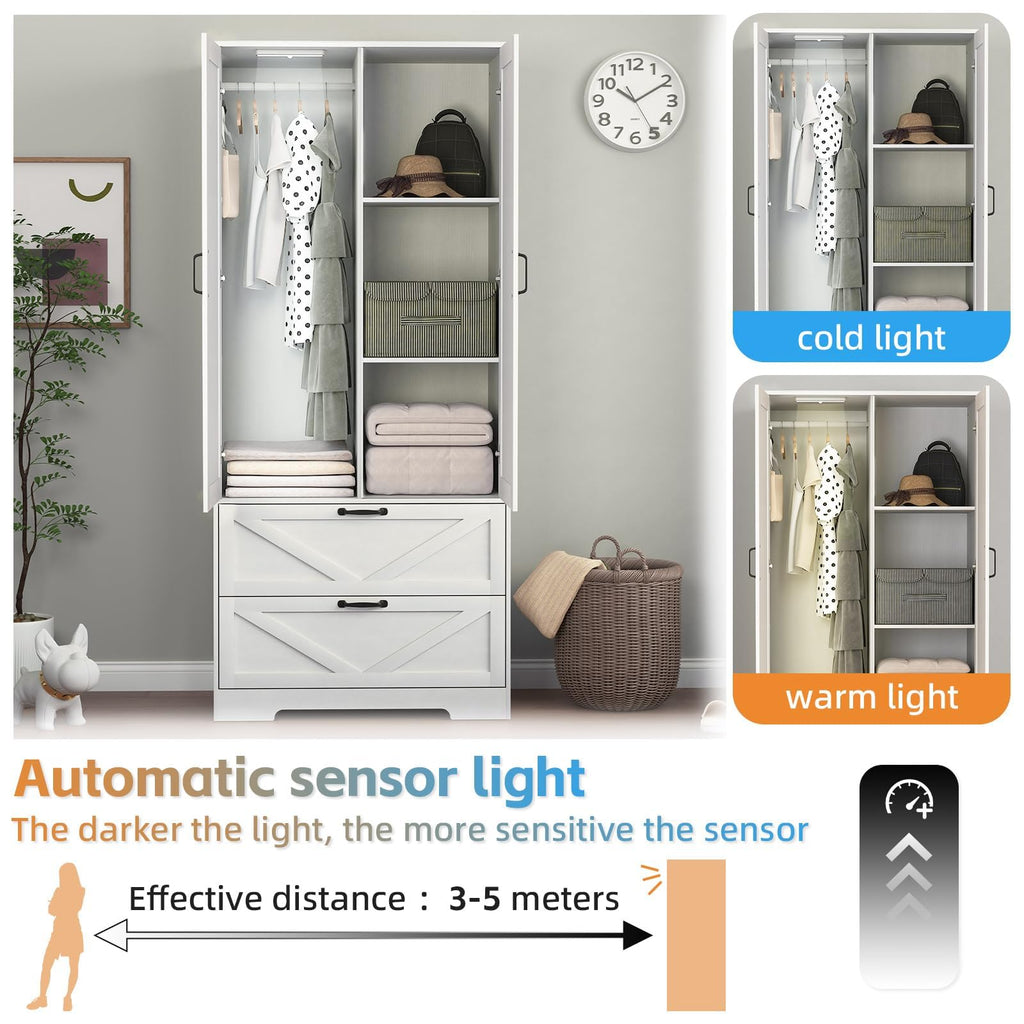 72" Armoire Wardrobe Closet with Mirror Door and LED Lights, Farmhouse Bedroom Armoire with Drawers and Adjustable