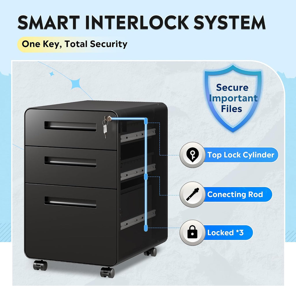 3 Drawer File Cabinet with Lock, Fully Assembled Except Casters | Thickened Metal Mobile Filing Cabinet, Under Desk