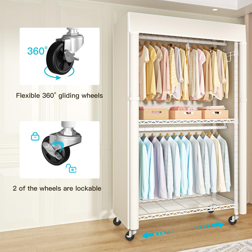 White Clothing Rack with Beige Cover, P1C Rolling Closets