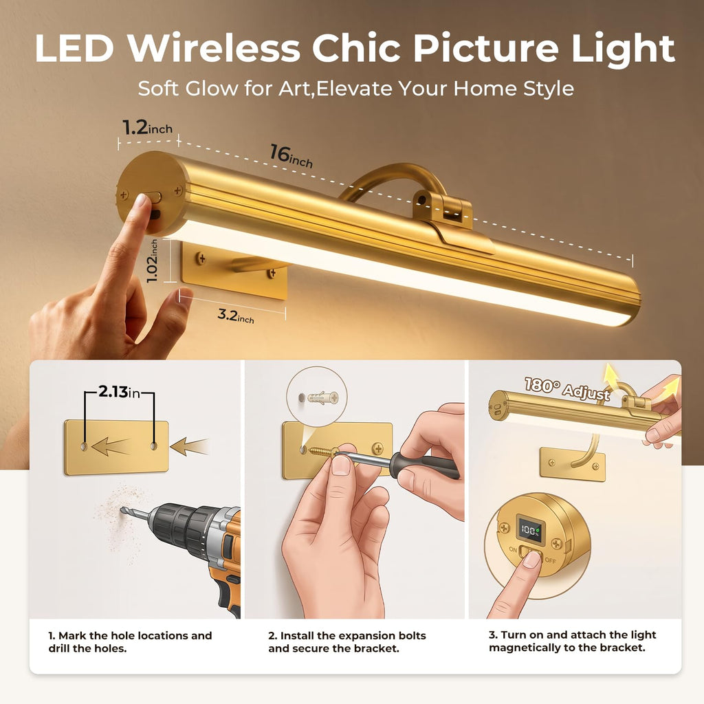 16inch Picture Lights for Wall Art 2 Pack,6000mAh Battery,Gold