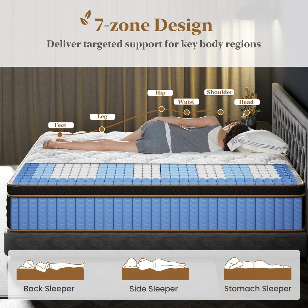 Firm King Mattress 14 Inch, Cooling Hybrid Bed in a Box, CertiPUR-US | Zones Individual Pocket Spring, Extra