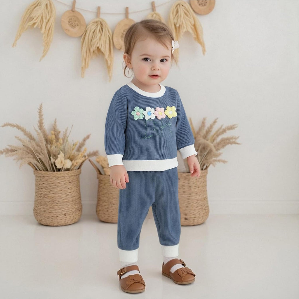 Toddler Clothes For Girls Baby 3D Flower Fall Winter Outfits Stripes Waffle Sweatshirt Pullover Cute Pants Set