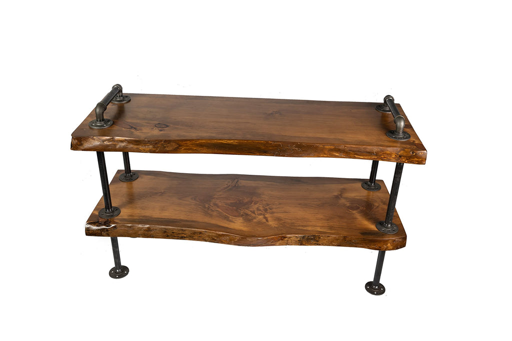 Industrial Pipe Live Edge Entertainment Center- Steampunk TV Stand with Live Edge Wood (Honey Pine)