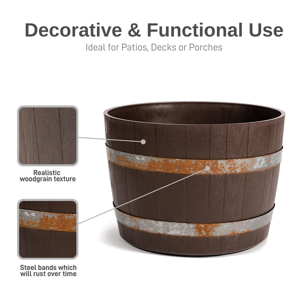 Better Barrel 2-Pack, 24-Inch Outdoor Planter, Walnut - Rustic Whiskey Barrel Style Heavy-Duty Resin Pot with Rusting