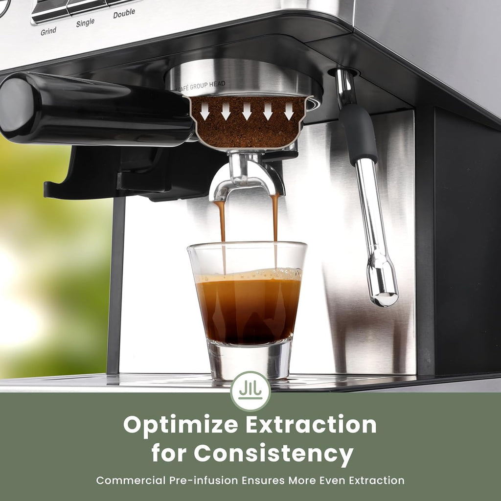 20 Bar Espresso Machine with Grinder & Steam Wand for Latte Cappuccino | Removable Water Tank, Powerful Milk Frother
