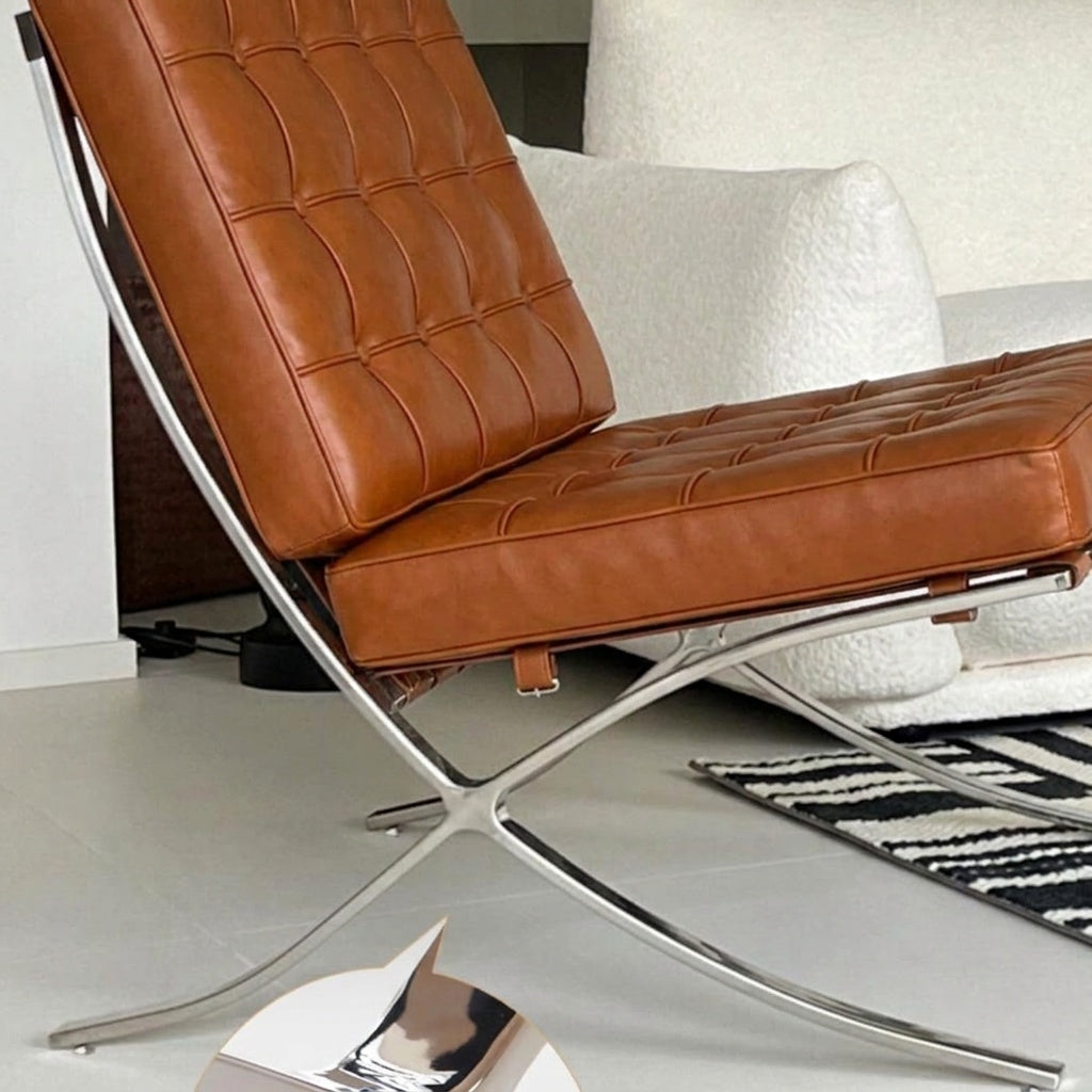 Inspired Barcelona Style Leather Lounge Chair and Ottoman — Brown Oiled Leather, Extended Seat (31.5″L)