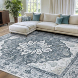 Area Rugs Washable Non-Slip, Floral Vintage Distress Print Pattern Medallion Carpet for Living Room Bedroom Dining Room