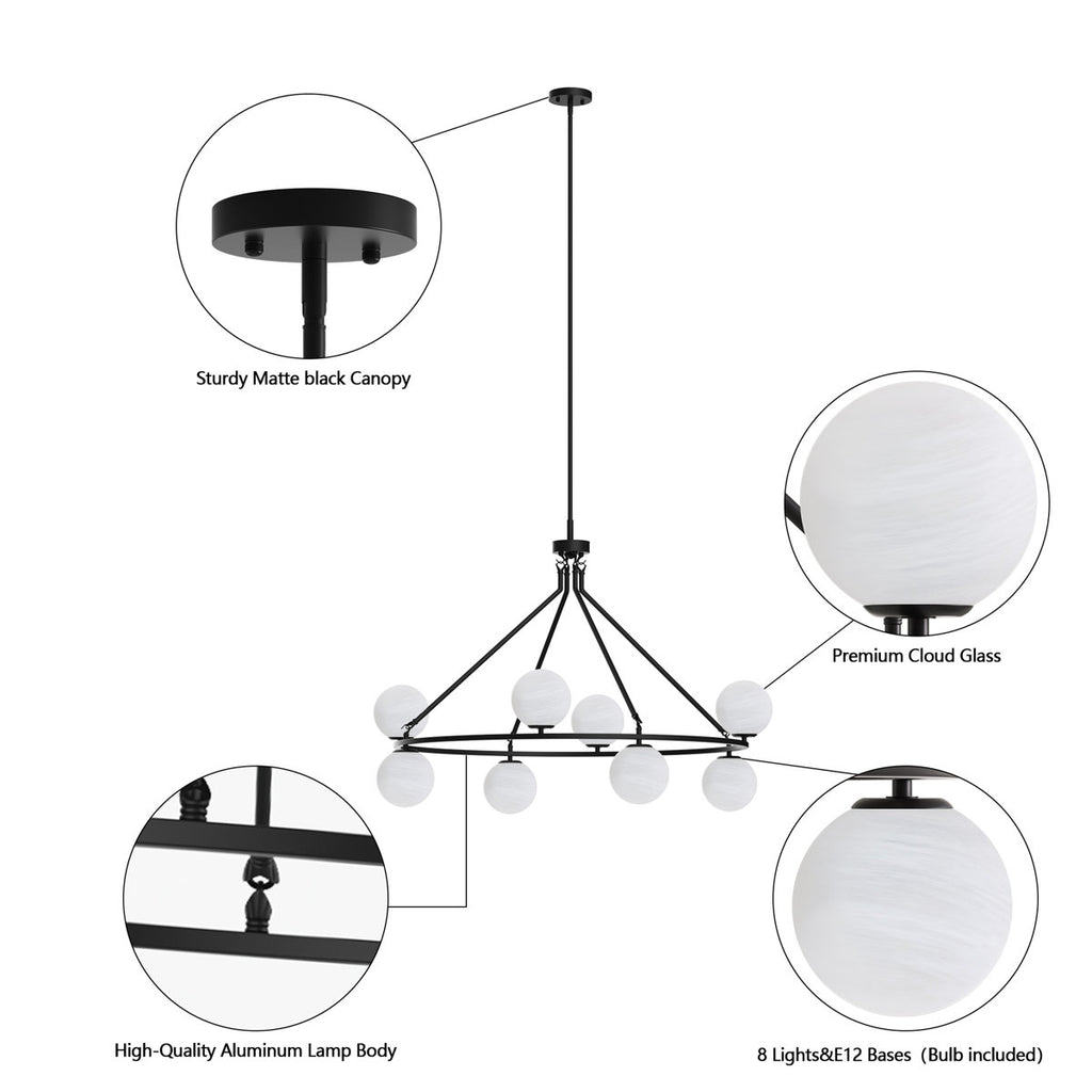 8-light 42"W Metal And Moon Glass Wagon Wheel Shaded Chandelier For Living Room/Bedroom