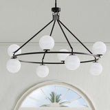 8-light 42"W Metal And Moon Glass Wagon Wheel Shaded Chandelier For Living Room/Bedroom