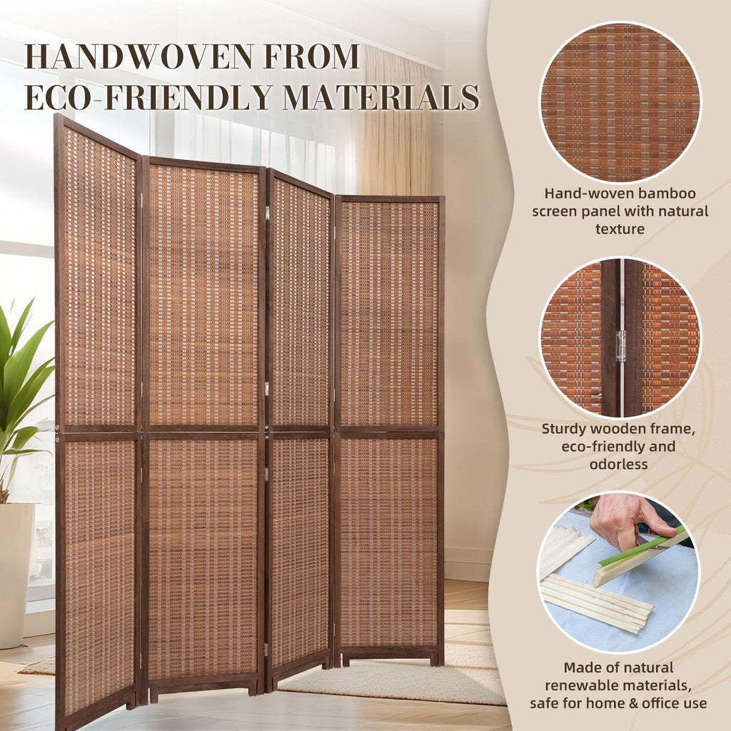 Bamboo Room Divider 67"4 Panel, Wooden Frame Freestanding Wall Divider, Brown