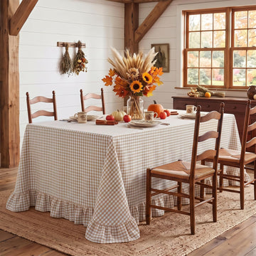 Gingham Ruffled Tablecloth Brown Taupe White 60x120 New Year