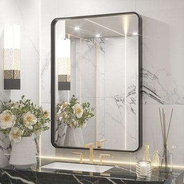 Black Framed Mirrors, 2 Inch Thick Frame 22 x 30 Inch Brushed Metal Frame Wall Mounted Rectangle Mirror