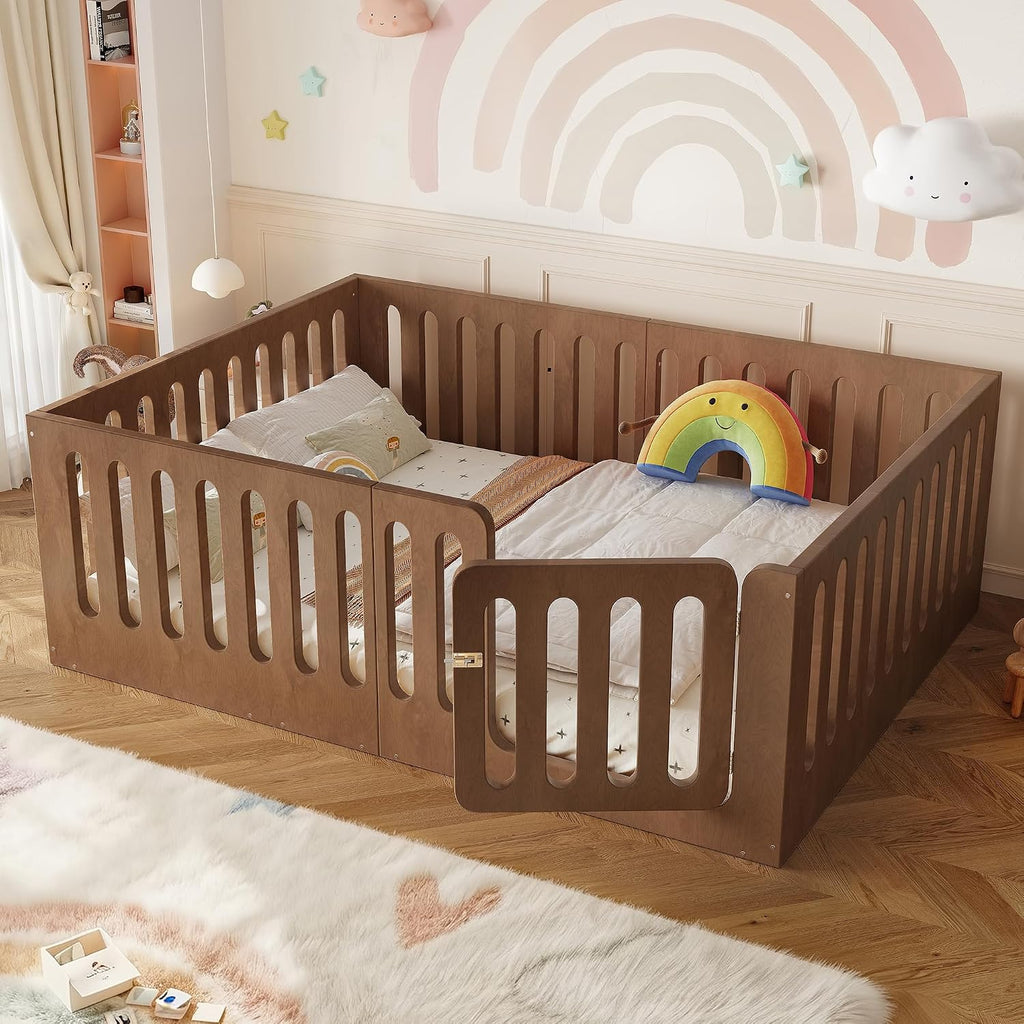 Full Size Wood Montessori Floor Bed Frame with High Fence, Natural | Modern Style Low-Profile Design Floor Bed with