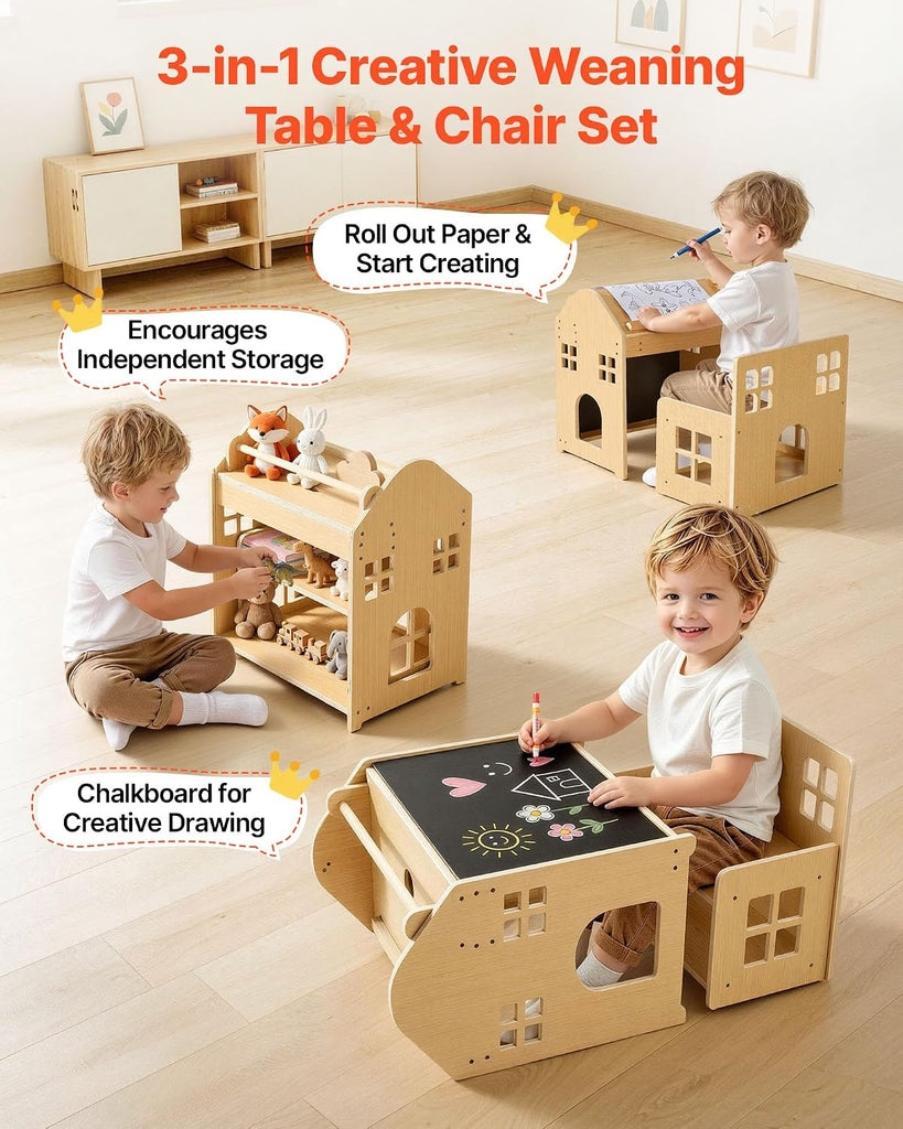 Montessori Weaning Table and Chair Set, Playhouse-Style Toddler Table and Chair Set with Detachable Blackboard, 0-35°