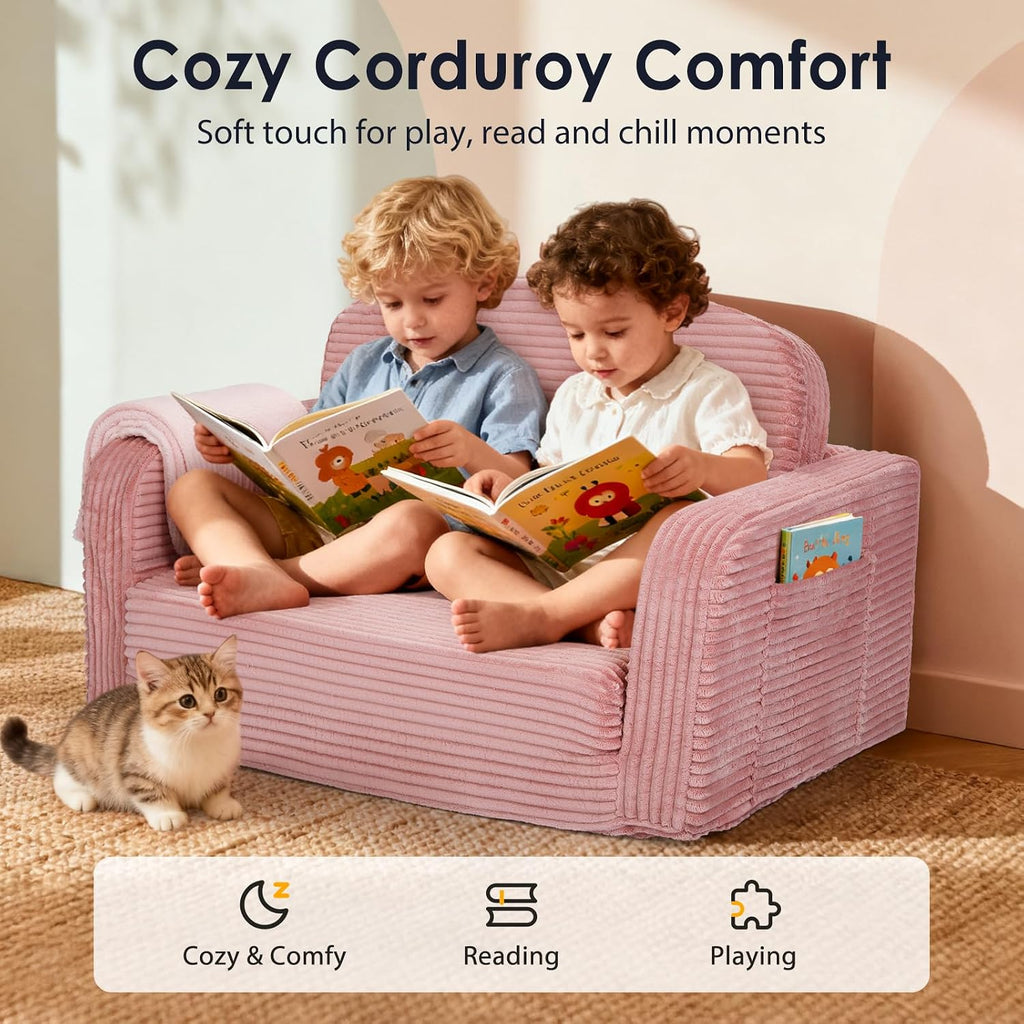 Extra Wide 2 in 1 Convertible Toddler Kids Couch - Corduroy Fold Out Kids Sofa Chair with Blanket, Comfy Comfortable