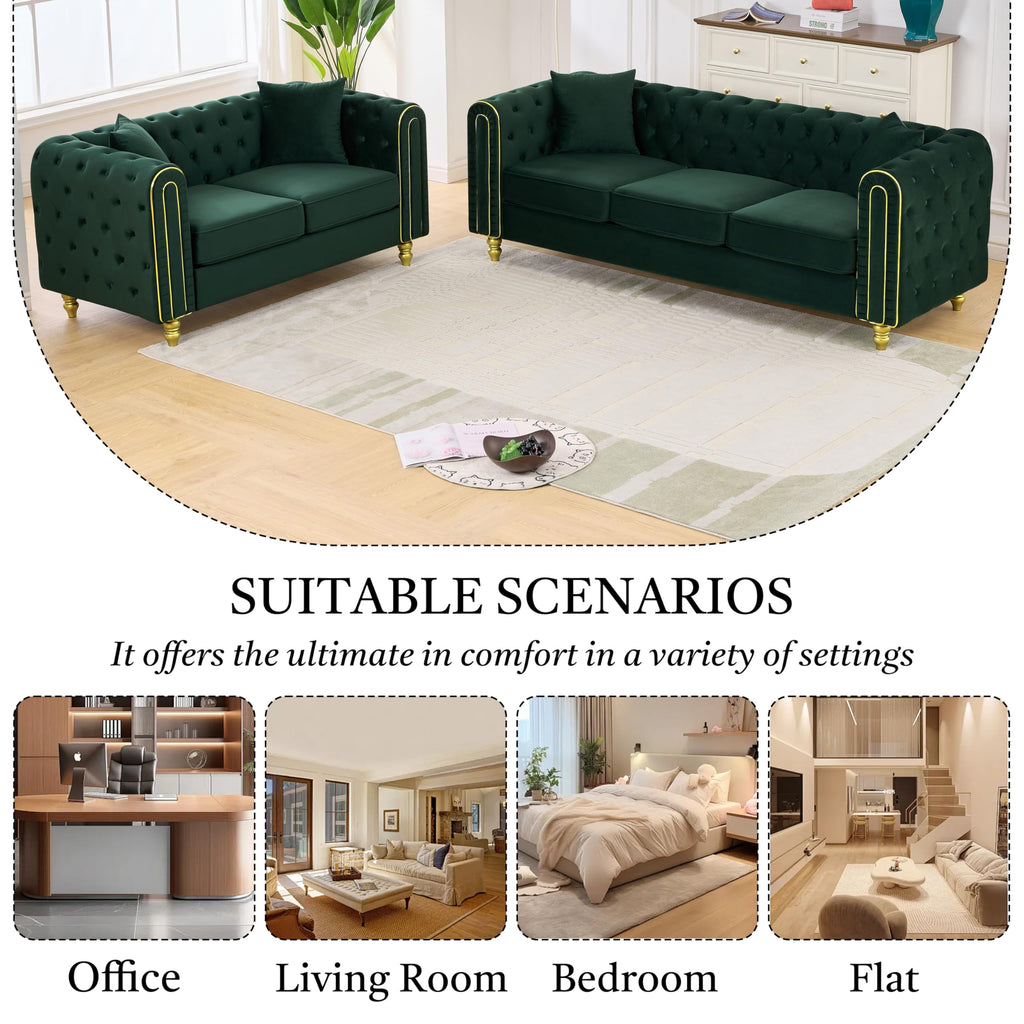 Chesterfield 86" 3-Seater + 63" Loveseat Green Sofa Sets, 3+2-Seater Couch Comfy Sofa, Button Tufted Rolled Arms and