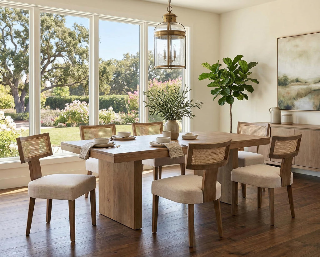 Rattan Dining Chairs Set of 2, Modern Dining Chairs, Kitchen Dining Room Chair, Curved Cane Back Upholstered Linen