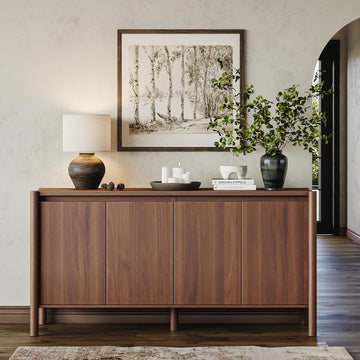59" Walnut Sideboard Buffet Cabinet with Solid Wood Legs
