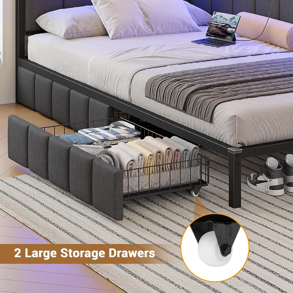 Corner Bed Frame with Storage Drawers, Twin Daybed with Line Fabric Upholstered Fence, Kids Bed Unit with LED Light